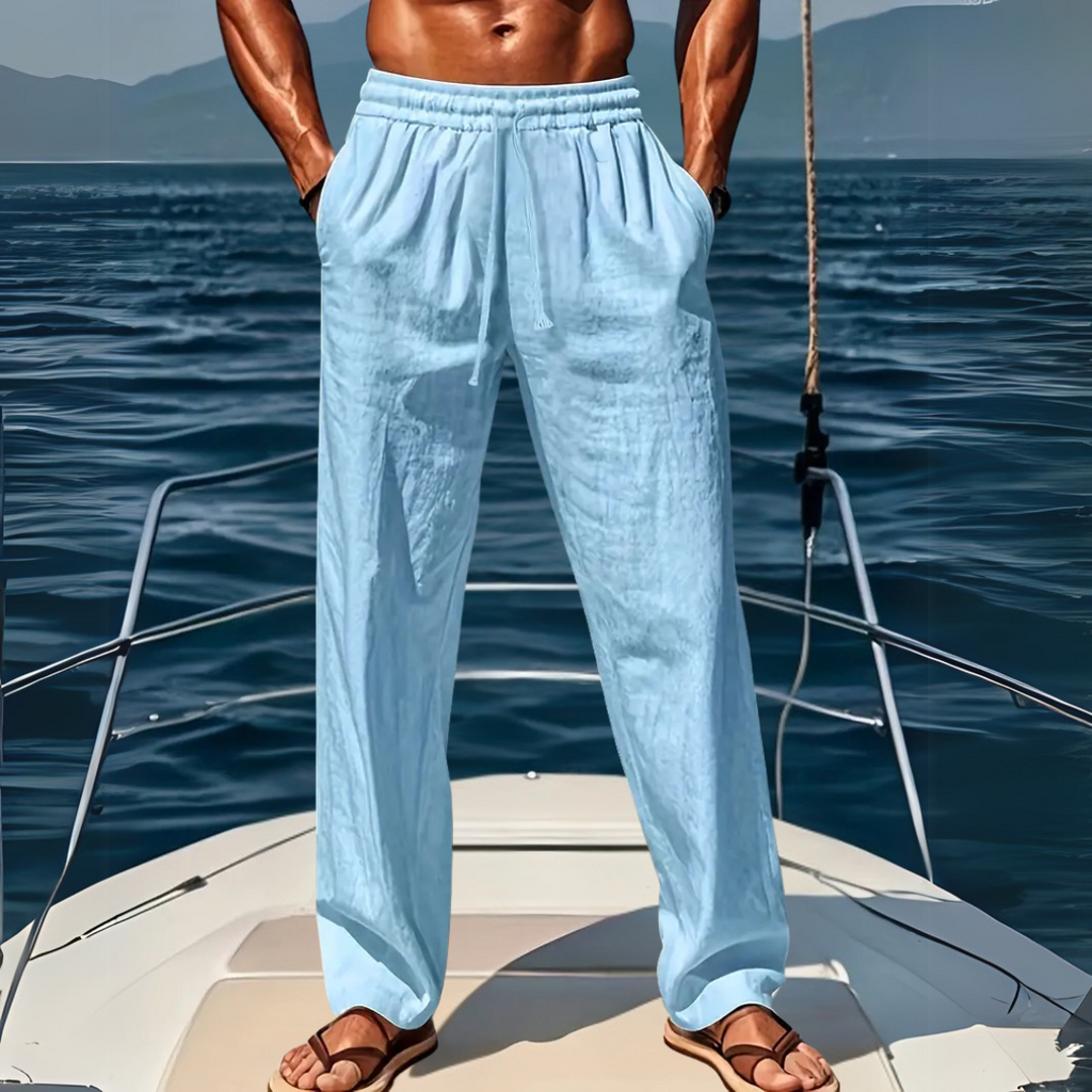 NOUVEAU RICHE Leinenhose Weiten Schnitt Herren Atmungsaktiv Leinenstoff Blau