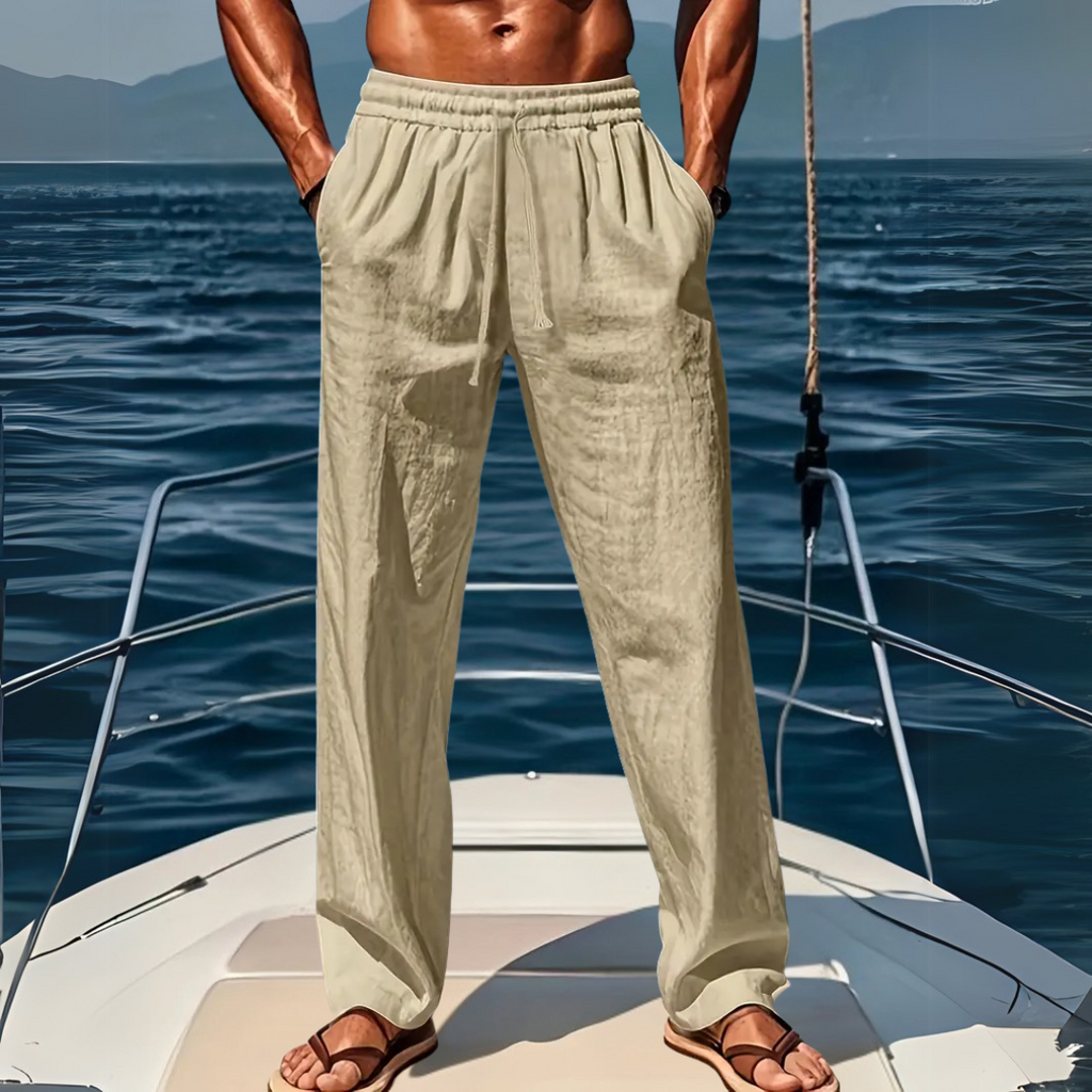 NOUVEAU RICHE Leinenhose Weiten Schnitt Herren Atmungsaktiv Leinenstoff Khaki