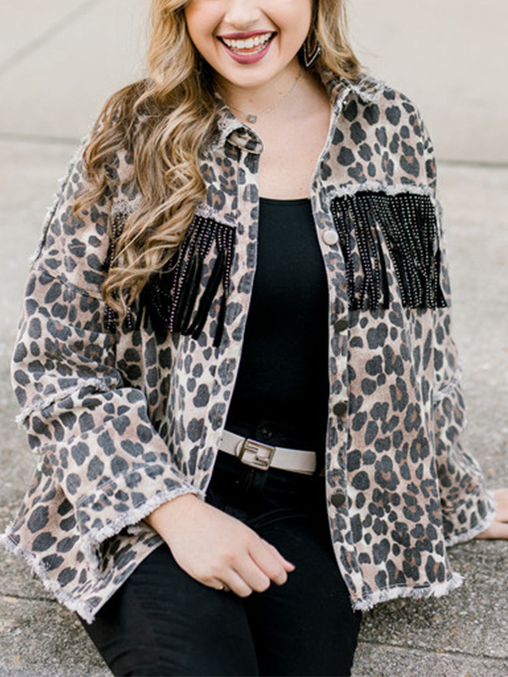 NOUVEAU RICHE Leopardenmuster Fransenjacke Mit Kragen Lockere Passform