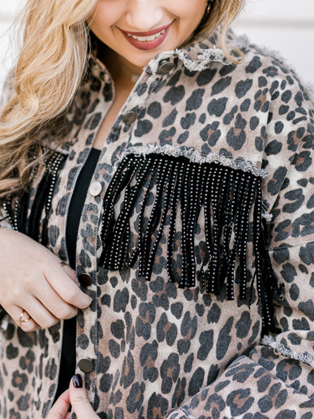 NOUVEAU RICHE Leopardenmuster Fransenjacke Mit Kragen Lockere Passform Schwarz
