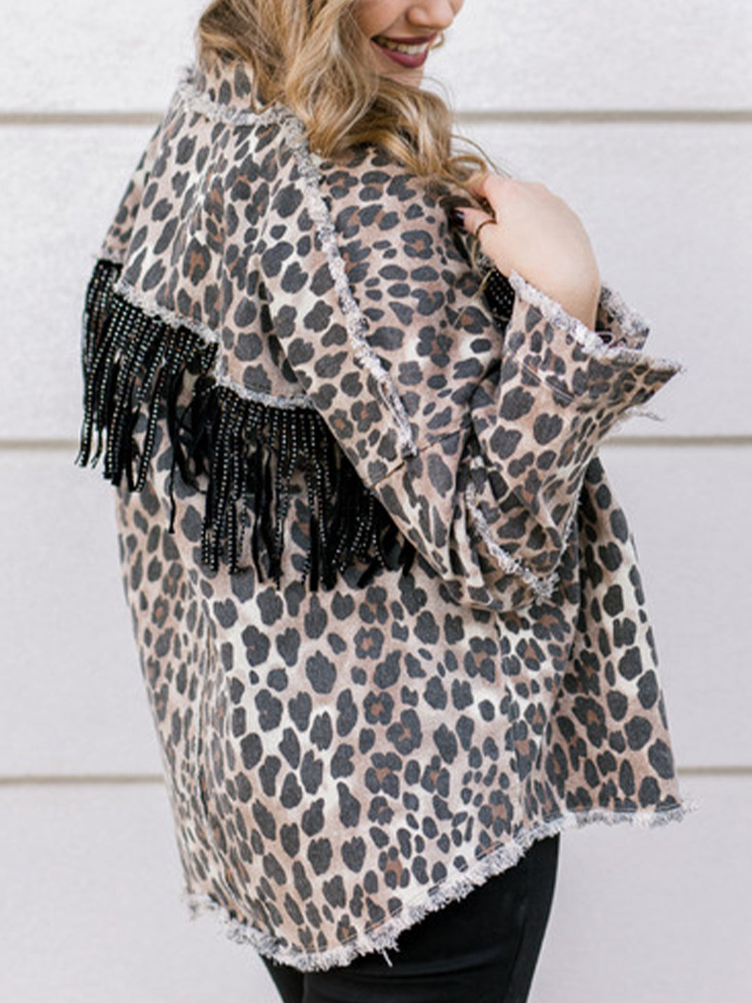 NOUVEAU RICHE Leopardenmuster Fransenjacke Mit Kragen Lockere Passform