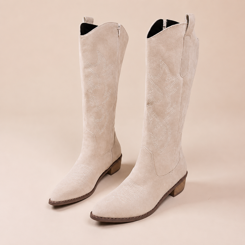NOUVEAU RICHE Damen Knielange Cowboystiefel Gestickten Details Schnitt Klassisch Creme