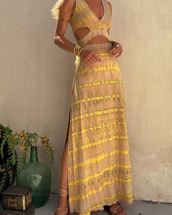 NOUVEAU RICHE Manda | Elegantes Langes Kleid mit Ausschnitten für Frauen Gelb