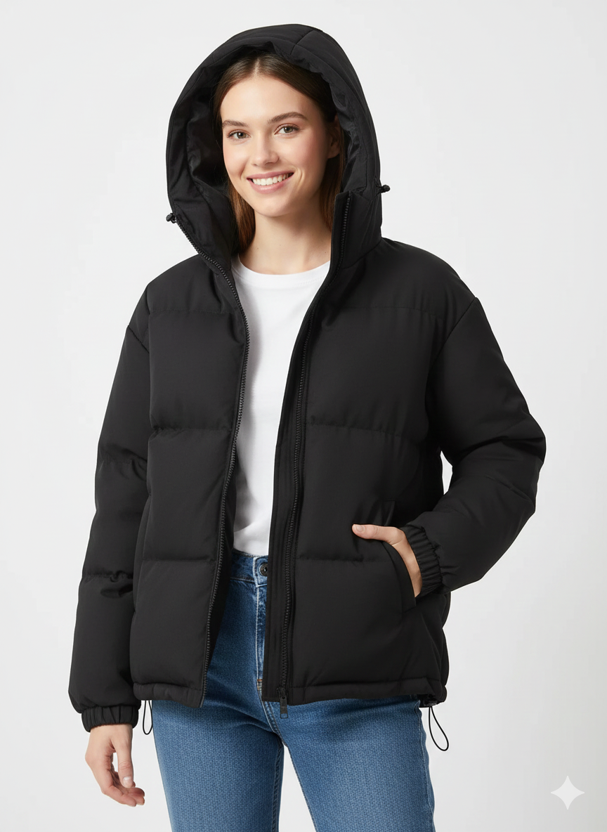 NOUVEAU RICHE Damen Steppweste Lang – Mit Kapuze & Gerader Schnitt Schwarz