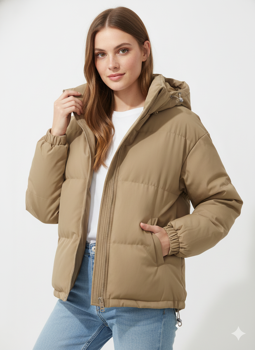 NOUVEAU RICHE Damen Steppweste Lang – Mit Kapuze & Gerader Schnitt Beige