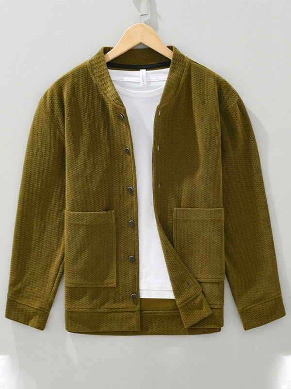 NOUVEAU RICHE Lockere Cordjacke mit Stehkragen für Herren aus Dehnbarem Stoff mit Vertikaler Maserung für Bequemen Tragekomfort und Stil Olivgrün