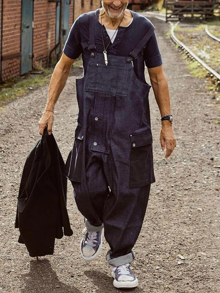 NOUVEAU RICHE Lockerer Jeans-Overall Mit Farblich Passender Tasche Aus 100 Prozent Baumwolle Schlabber-Overalls Mit Gerader Beinform Und 28 Zoll Innennaht Ideal Für Freizeit Und Alltag Schwarz