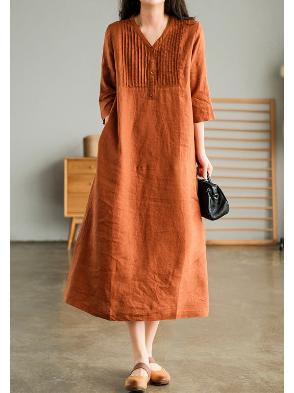 NOUVEAU RICHE Lockeres Baumwollkleid mit V-Ausschnitt und 1/2 Ärmeln für Damen in Midilänge mit Knopfverschluss und Seitentaschen in lockerer Passform Orange