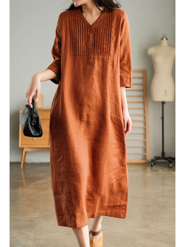 NOUVEAU RICHE Lockeres Baumwollkleid mit V-Ausschnitt und 1/2 Ärmeln für Damen in Midilänge mit Knopfverschluss und Seitentaschen in lockerer Passform
