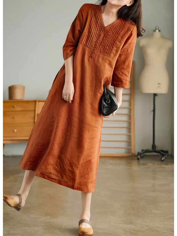 NOUVEAU RICHE Lockeres Baumwollkleid mit V-Ausschnitt und 1/2 Ärmeln für Damen in Midilänge mit Knopfverschluss und Seitentaschen in lockerer Passform