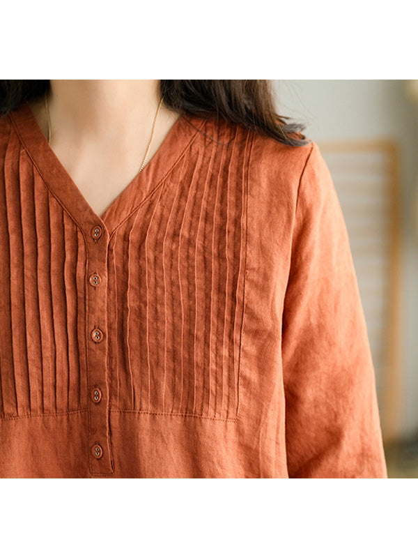 NOUVEAU RICHE Lockeres Baumwollkleid mit V-Ausschnitt und 1/2 Ärmeln für Damen in Midilänge mit Knopfverschluss und Seitentaschen in lockerer Passform
