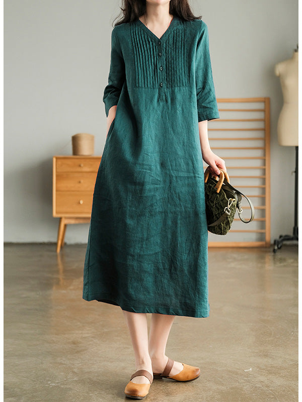 NOUVEAU RICHE Lockeres Baumwollkleid mit V-Ausschnitt und 1/2 Ärmeln für Damen in Midilänge mit Knopfverschluss und Seitentaschen in lockerer Passform Grün