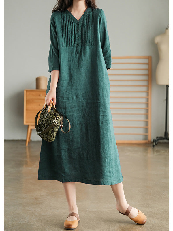 NOUVEAU RICHE Lockeres Baumwollkleid mit V-Ausschnitt und 1/2 Ärmeln für Damen in Midilänge mit Knopfverschluss und Seitentaschen in lockerer Passform
