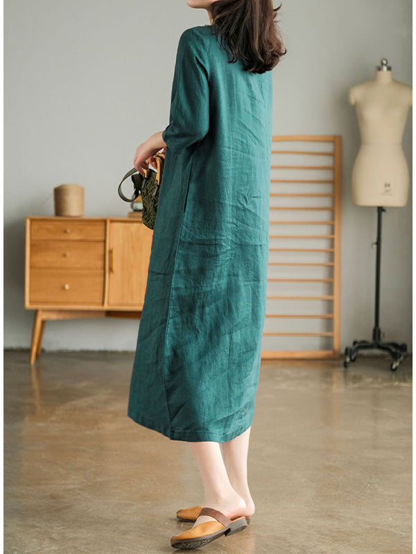 NOUVEAU RICHE Lockeres Baumwollkleid mit V-Ausschnitt und 1/2 Ärmeln für Damen in Midilänge mit Knopfverschluss und Seitentaschen in lockerer Passform