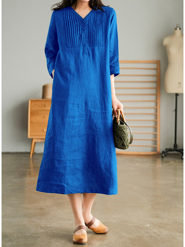 NOUVEAU RICHE Lockeres Baumwollkleid mit V-Ausschnitt und 1/2 Ärmeln für Damen in Midilänge mit Knopfverschluss und Seitentaschen in lockerer Passform Blau