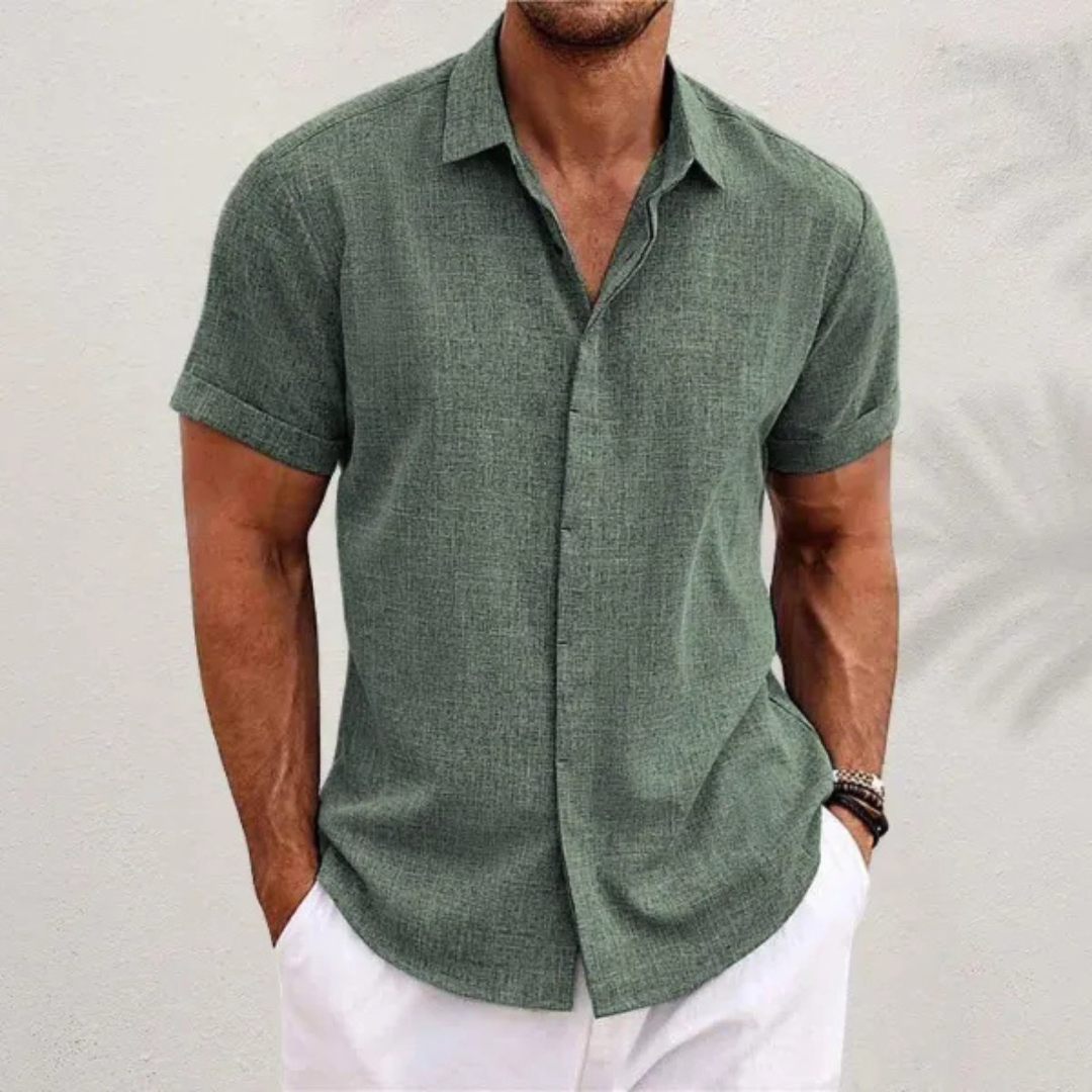 NOUVEAU RICHE Leinenhemd Herren Leicht Sommer Kurzärmelig Offener Kragen Grün