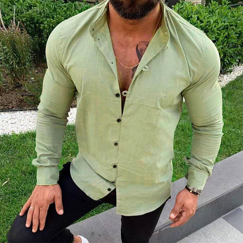 NOUVEAU RICHE Einfarbiges Herren Leinenhemd Sommerleicht Slim Fit grün