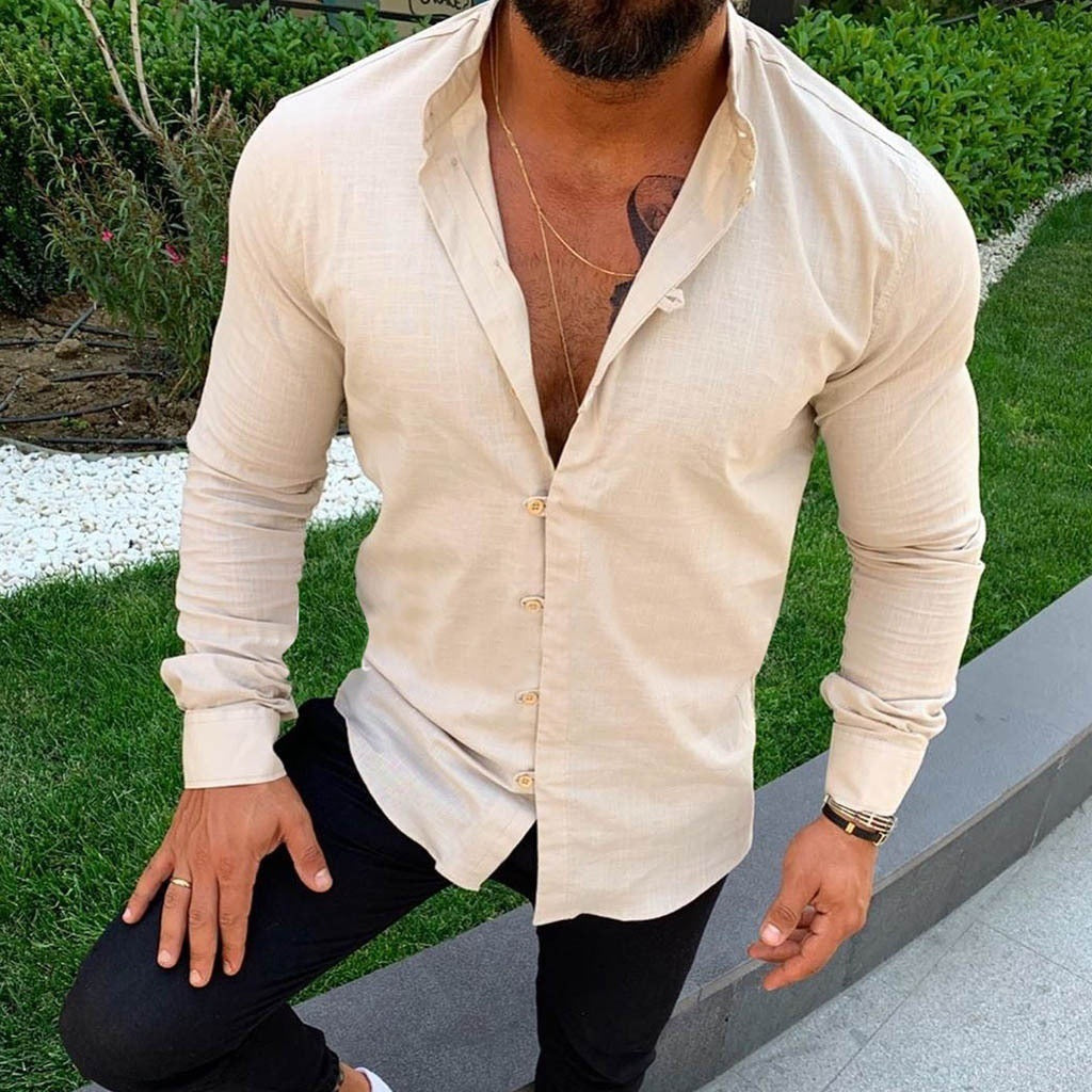 NOUVEAU RICHE Einfarbiges Herren Leinenhemd Sommerleicht Slim Fit beige