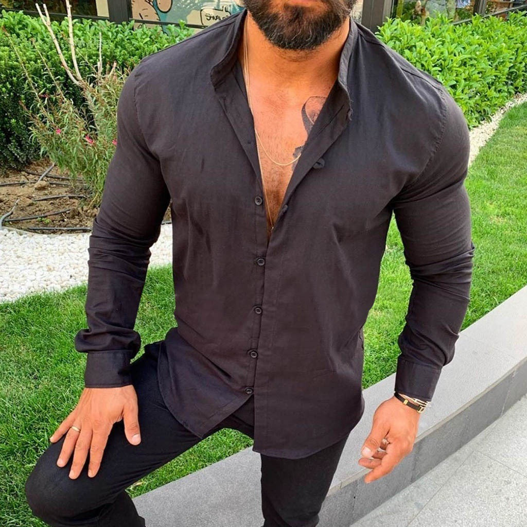 NOUVEAU RICHE Einfarbiges Herren Leinenhemd Sommerleicht Slim Fit schwarz