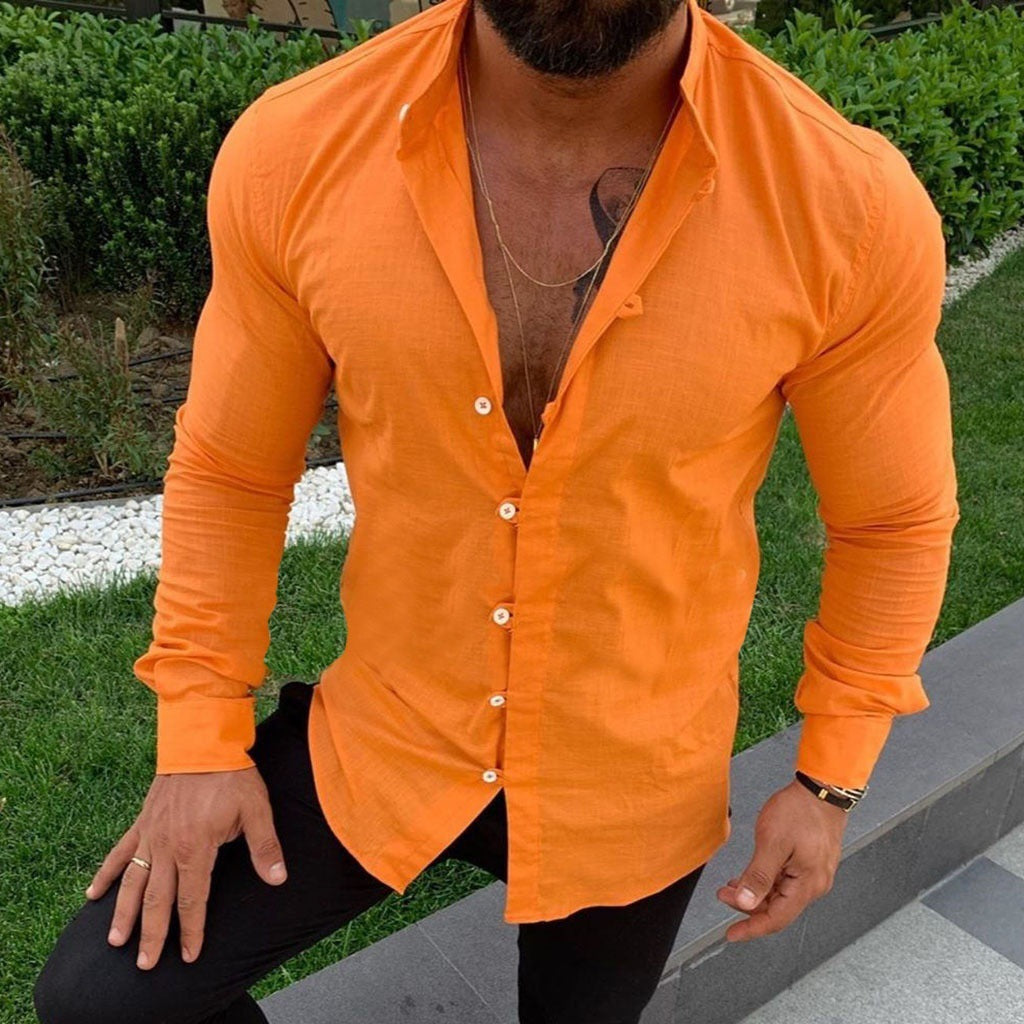 NOUVEAU RICHE Einfarbiges Herren Leinenhemd Sommerleicht Slim Fit orange