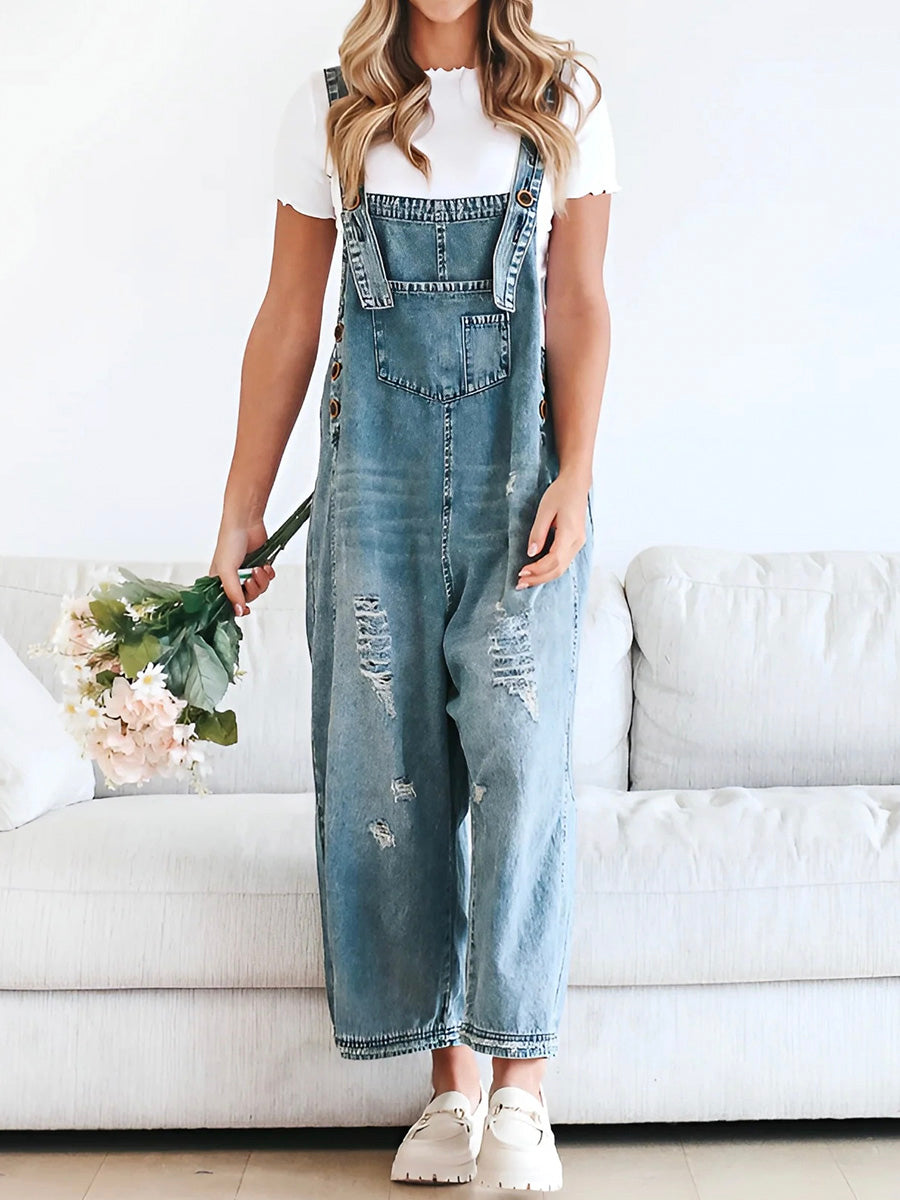 NOUVEAU RICHE Lockere Passform Verwaschene Denim Latzhose Mit Verstellbaren Trägern Und Used-Details Für Bequemen Stil Mittelblau