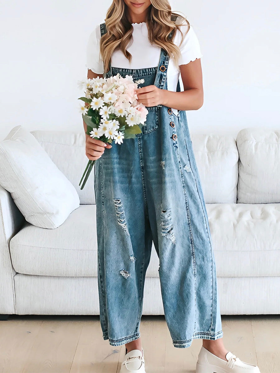 NOUVEAU RICHE Lockere Passform Verwaschene Denim Latzhose Mit Verstellbaren Trägern Und Used-Details Für Bequemen Stil