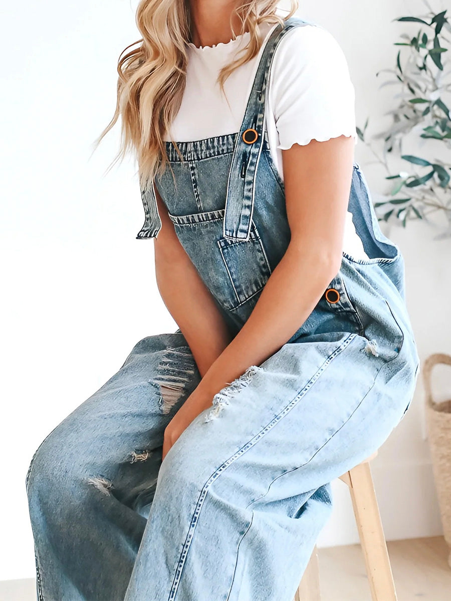 NOUVEAU RICHE Lockere Passform Verwaschene Denim Latzhose Mit Verstellbaren Trägern Und Used-Details Für Bequemen Stil
