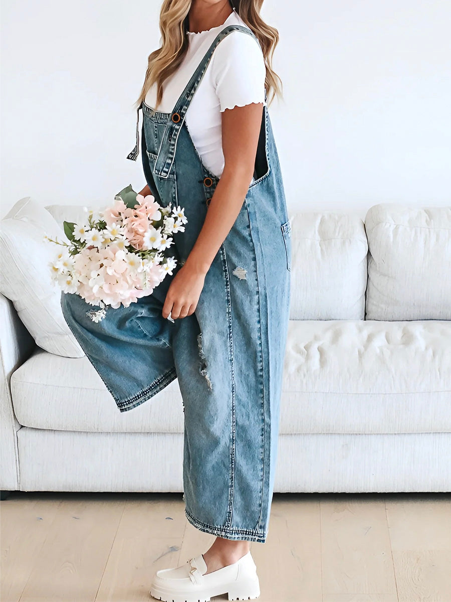 NOUVEAU RICHE Lockere Passform Verwaschene Denim Latzhose Mit Verstellbaren Trägern Und Used-Details Für Bequemen Stil