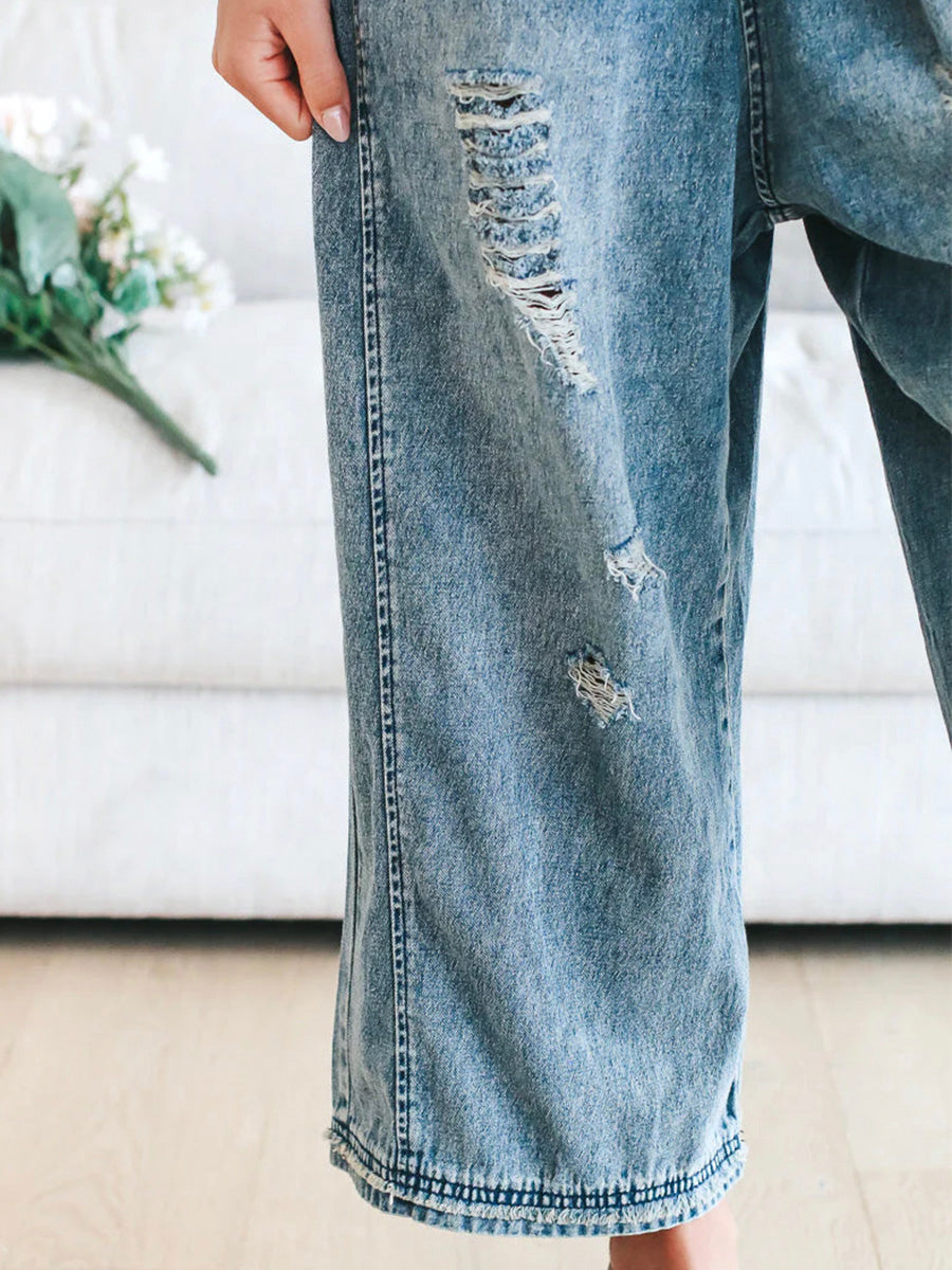 NOUVEAU RICHE Lockere Passform Verwaschene Denim Latzhose Mit Verstellbaren Trägern Und Used-Details Für Bequemen Stil