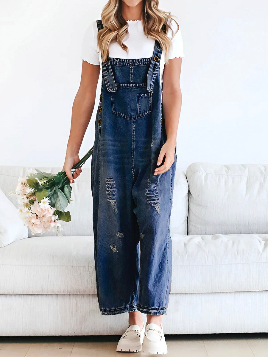 NOUVEAU RICHE Lockere Passform Verwaschene Denim Latzhose Mit Verstellbaren Trägern Und Used-Details Für Bequemen Stil Dunkelblau