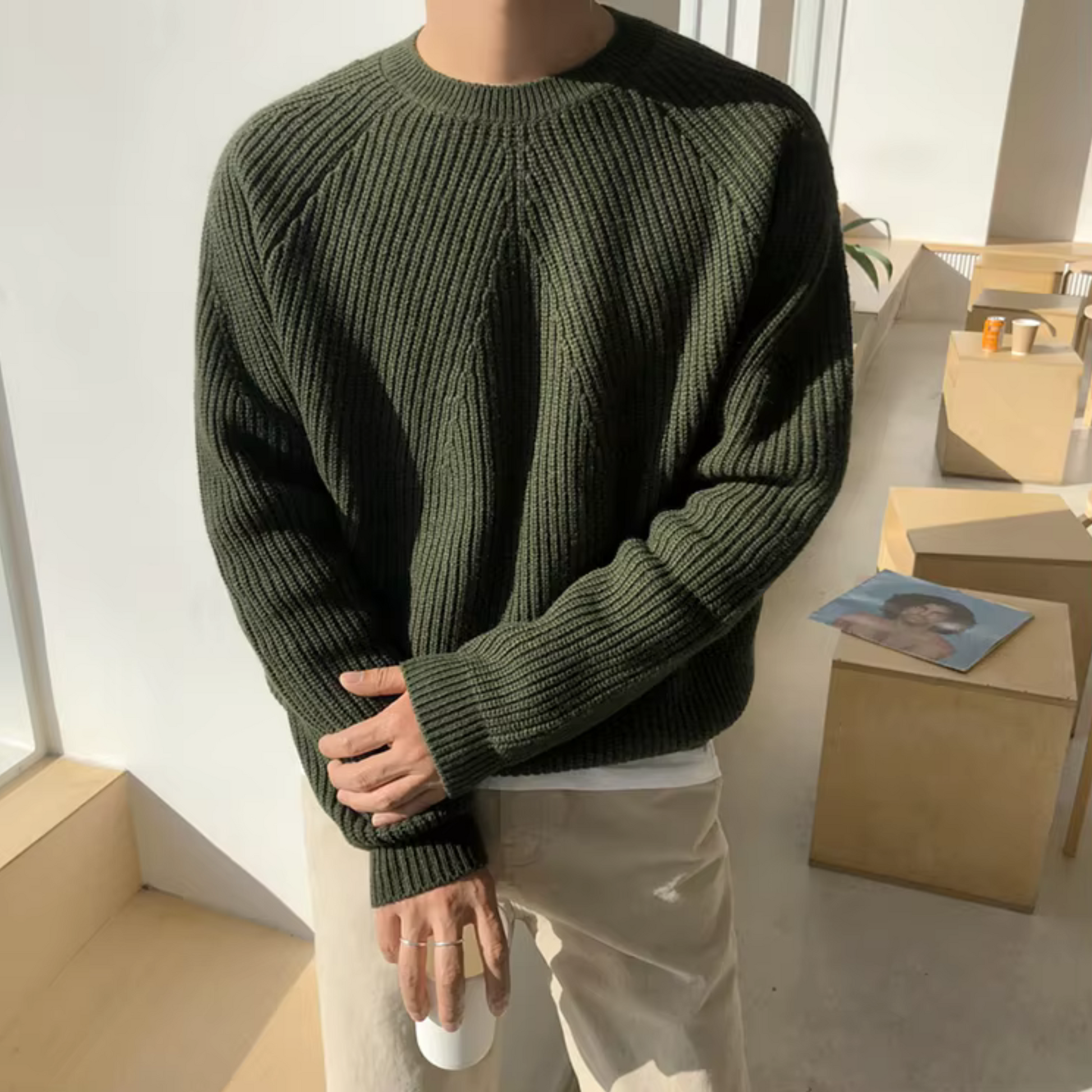 NOUVEAU RICHE Gerippter Baumwollpullover für Herren Zeitloser Komfort und Stil Vielseitiges Basic für Lagenlooks Hellgrau 3XL