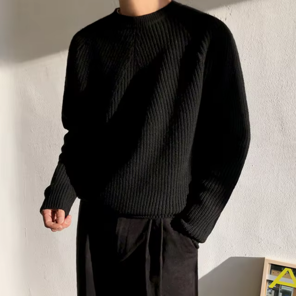 NOUVEAU RICHE Gerippter Baumwollpullover für Herren Zeitloser Komfort und Stil Vielseitiges Basic für Lagenlooks Schwarz