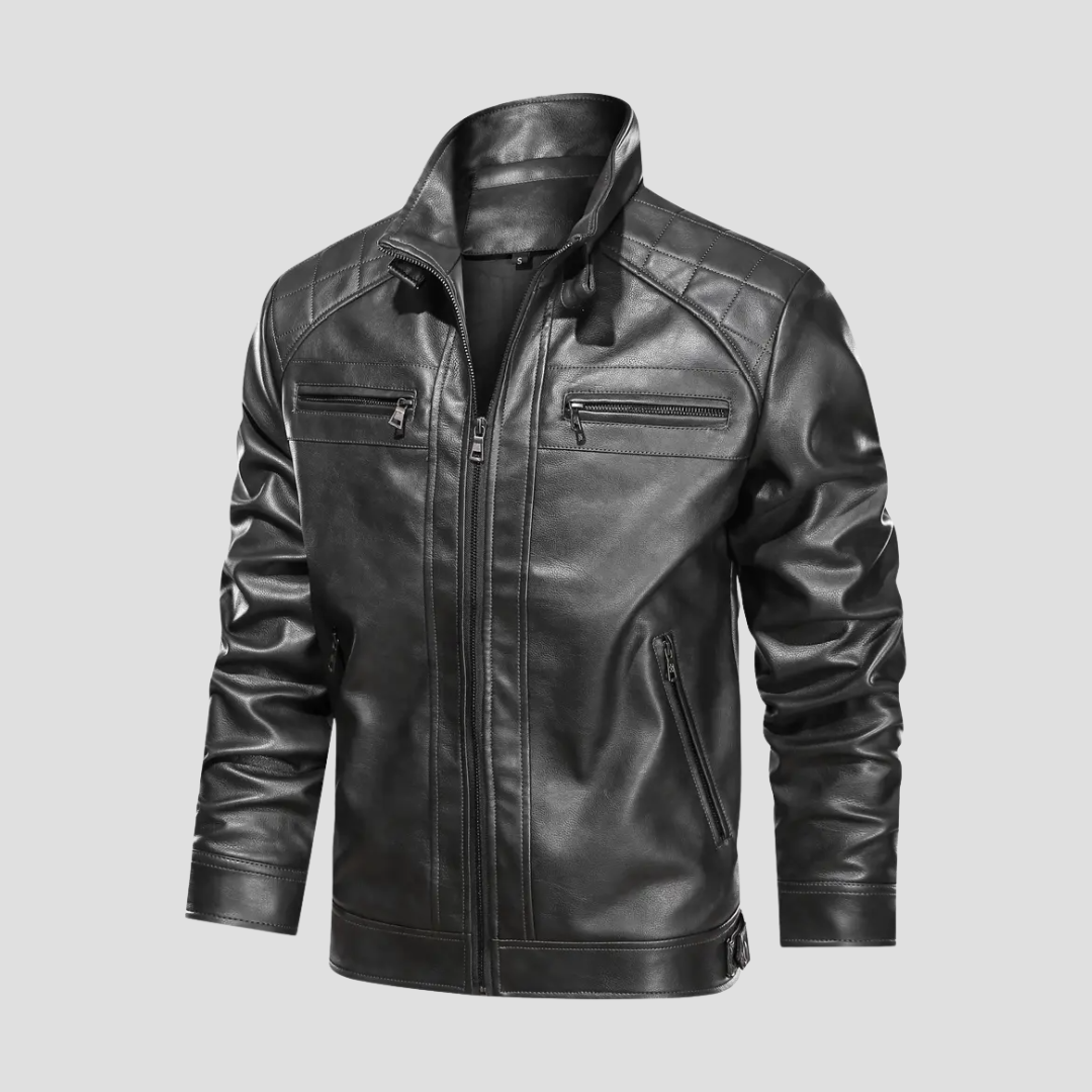 NOUVEAU RICHE Bikerjacke Kunstleder Schwarz Stehkragen Reißverschluss Schwarz