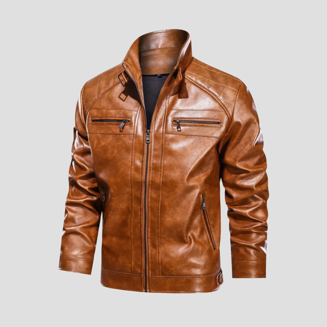 NOUVEAU RICHE Bikerjacke Kunstleder Schwarz Stehkragen Reißverschluss Braun