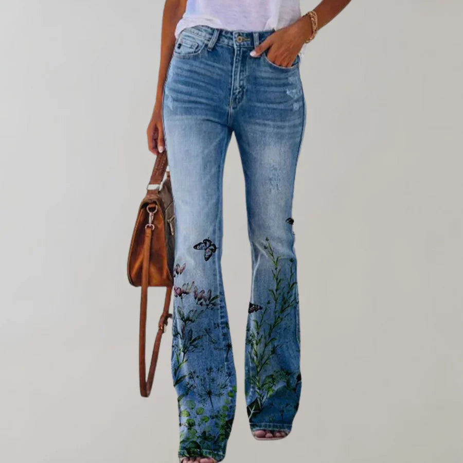 NOUVEAU RICHE Damen Flare Jeans Mit Florales Muster Und Bequeme Passform Blau 2
