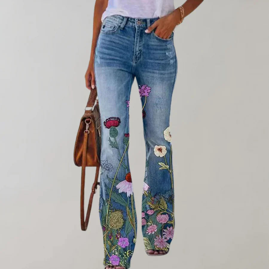 NOUVEAU RICHE Damen Flare Jeans Mit Florales Muster Und Bequeme Passform Blau 4