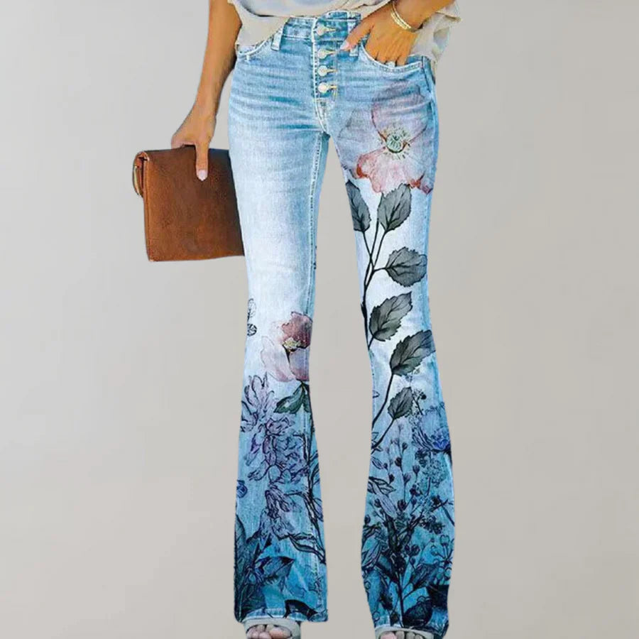 NOUVEAU RICHE Damen Flare Jeans Mit Florales Muster Und Bequeme Passform Blau 6