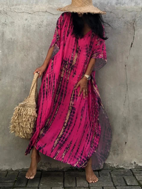 NOUVEAU RICHE Luftiges Sommer Kaftan Maxikleid Exotisches Strandoutfit Rosenrot Einheitsgröße