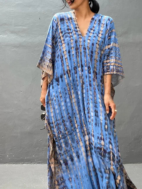NOUVEAU RICHE Luftiges Sommer Kaftan Maxikleid Exotisches Strandoutfit Blau Einheitsgröße