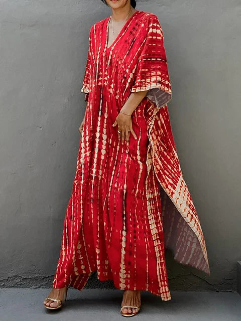 NOUVEAU RICHE Luftiges Sommer Kaftan Maxikleid Exotisches Strandoutfit Rot Einheitsgröße
