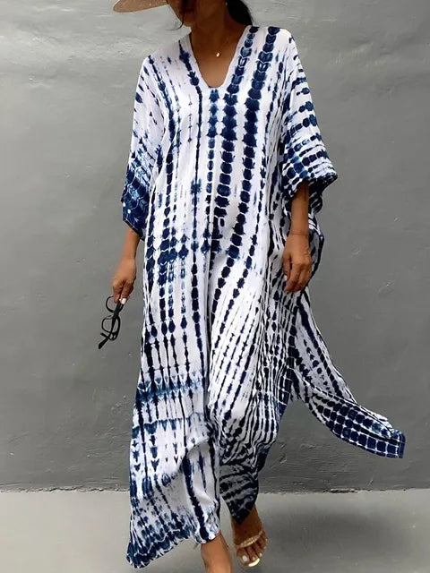 NOUVEAU RICHE Luftiges Sommer Kaftan Maxikleid Exotisches Strandoutfit Blau und Weiß Einheitsgröße
