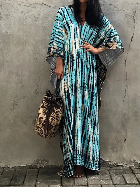 NOUVEAU RICHE Luftiges Sommer Kaftan Maxikleid Exotisches Strandoutfit Himmelblau Einheitsgröße