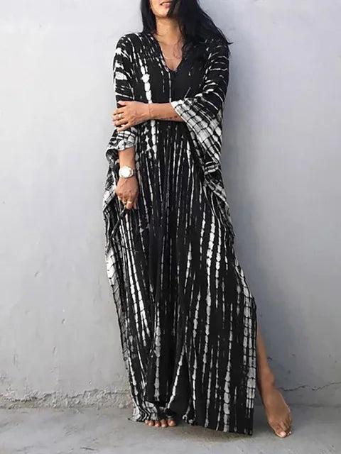 NOUVEAU RICHE Luftiges Sommer Kaftan Maxikleid Exotisches Strandoutfit Schwarzweiß Einheitsgröße