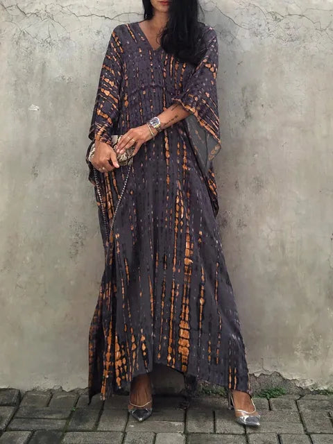 NOUVEAU RICHE Luftiges Sommer Kaftan Maxikleid Exotisches Strandoutfit Dunkelgrau Einheitsgröße