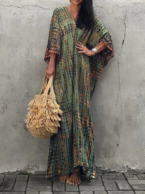 NOUVEAU RICHE Luftiges Sommer Kaftan Maxikleid Exotisches Strandoutfit Armeegrün Einheitsgröße