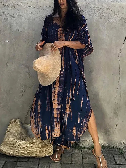 NOUVEAU RICHE Luftiges Sommer Kaftan Maxikleid Exotisches Strandoutfit Marineblau Einheitsgröße
