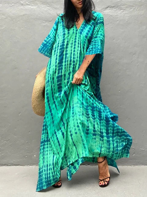 NOUVEAU RICHE Luftiges Sommer Kaftan Maxikleid Exotisches Strandoutfit Smaragdgrün Einheitsgröße