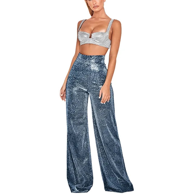 NOUVEAU RICHE Damenhose Stilvolle Hohem Bund Glitzer Paillettenakzent Marineblau