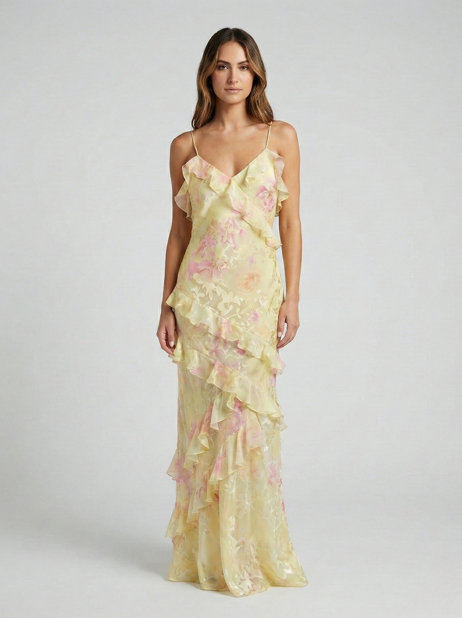 NOUVEAU RICHE Damen-Maxikleid – Pastellfarben & Sonnenuntergangs-Eleganz in fließender Silhouette Gelb