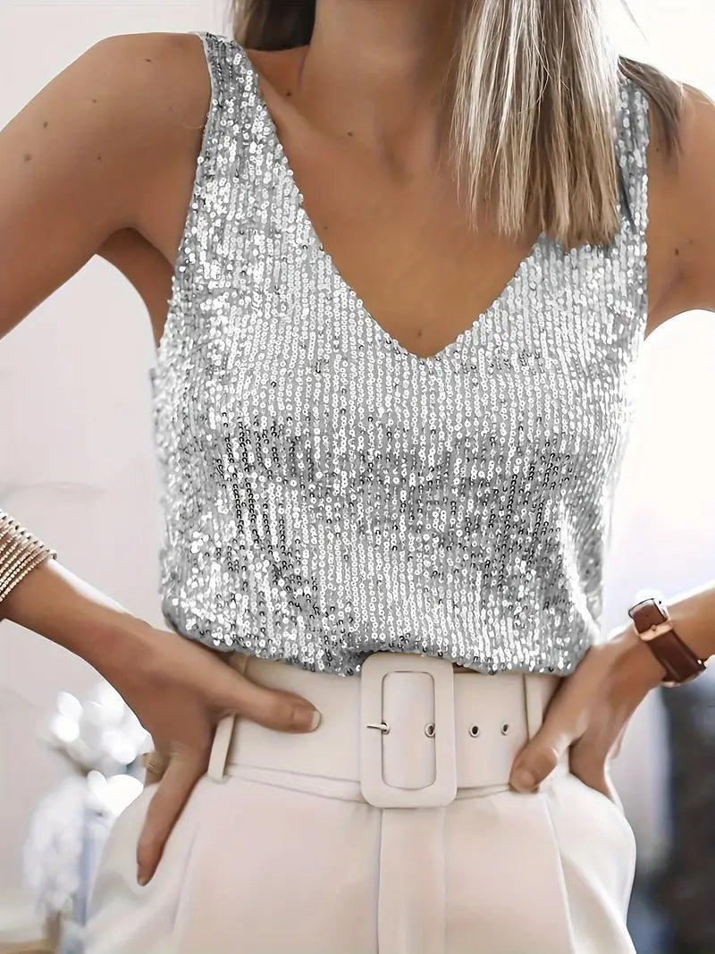 NOUVEAU RICHE Damen-V-Ausschnitt-Glitzer-Top mit Pailletten und glitzernden Details Silber